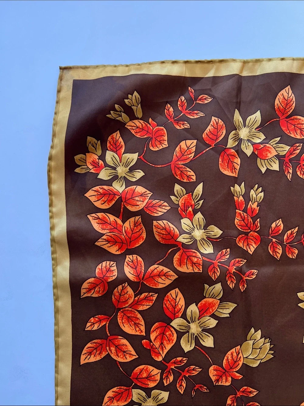 Vintage Vera Neumann Square Scarf in Brown with Orange & Gold Leaves 26” Square